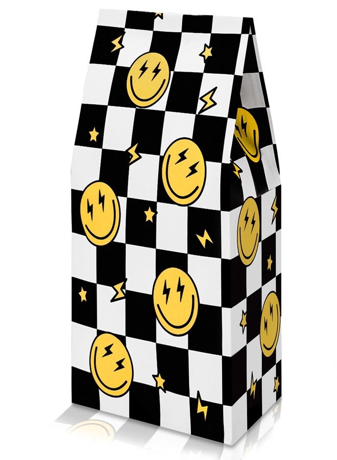 AnyDesign 24Pcs One Happy Dude Party Favor Bags - First Birthday Smile Face Paper Gift With Tag Sticker Decals - Checkered Goodie Treat for Baby Shower Birthday Party Supplies Gift Wrap - Image 1